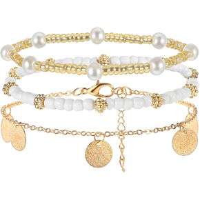 Boho Beaded Stretch Bracelets for Women, Shell Ankle Bracelet Set for Women Shell Bracelet, Boho Adjustable Anklet, Seashell Strand Bracelets, Stackable Gold Crystal Beads