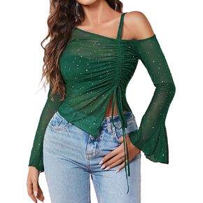 Avidlove Women Mesh Top Long Sleeve Rhinestone Tops Off Shoulder Bell Sleeve Drawstring Blouse Sheer Sparkly Shirt S-XXL