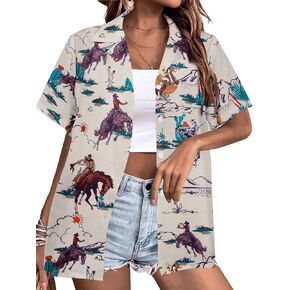 Western Shirts for Women Retro Cowgirl Shirt Rodeo Button Up Tshirt Hawaiian Summer Vacation Short Sleeve Top Blouses
