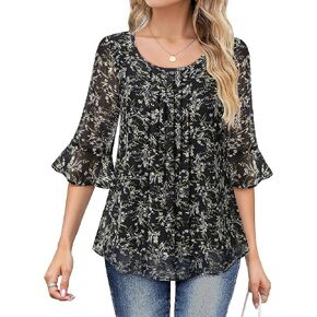 VALOLIA Womens 3/4 Sleeve Blouses Tops Dressy Casual Chiffon Pleated Embroidery Layered Shirts