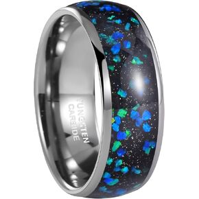 Mens Wedding Bands Galaxy Tungsten Carbide Silver Edge Opal Stone Inlay Cool Men's Ring 8mm Comfort Fit