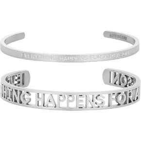EVERYTHING HAPPENS FOR A REASON Silver Stainless Steel Bracelet for Women, Engraved Whisper Cuff Bangle Bracelets Jewelry Gift for Wife, Sisters, Daughter & Friends (2PCS)