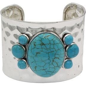 Rosemarie & Jubalee Women's Cowgirl Glam Western Semi Precious Turquoise Howlite Stone Hammered Silver Tone Extra Wide Statement Open Cuff Bracelet, 8"