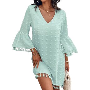 CHICME Women's 2025 Summer Dress Swiss Dot V Neck Bell Sleeve Shift Dress Casual Flowy Mini Dresses