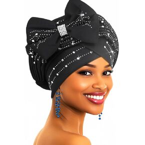 Woeoe African Gele Troupans Black Rhinestones Head Wraps Bow Church Head for Women