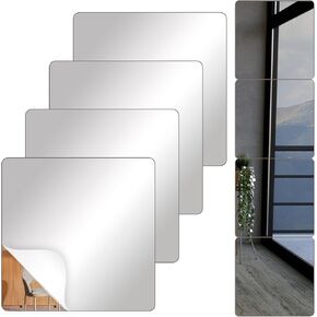 Full Length Wall Mirror Tiles 4Pcs 12x12 inch Unbreakable Frameless Mirror Wall Stickers Toddler Shatterproof Acrylic Squares Mirror Home Gym Mirror for Bedroom, Living Room, Door