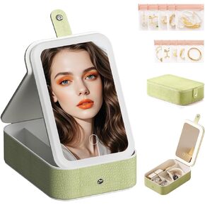 LiveGo 3-Color LED Travel Jewelry Case and Makeup Bag with Mirror, Dust-Proof Jewelry Box, 10 Sealed Jewelry Bags - Compact Cosmetic Mirror Case for Women Girls Travel Essentials (Pink, L)