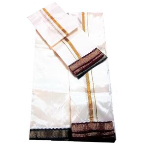 Art Silk Dhoti Vesti Mundu India Ethnic Dress 1" Double Colour Zari Border with Shawl White
