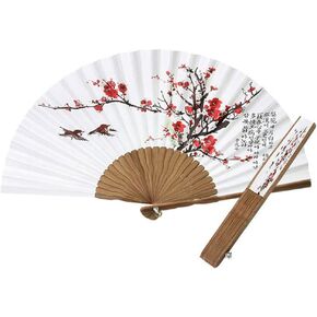 Korean Traditional Bamboo Hanji Hand Fan + Paper Case UME Flower Folding Large Hand Fan Collapsible