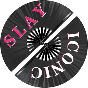 2 Pack Large Folding Hand Fan for Men/Women, Black Vintage Chinese Kung Fu Tai Chi Fans, Foldable & Lightweight, Perfect for Raves, Dance, Festivals, Gifts & Home Decor (Iconic & SLAY) (Iconic & SLAY)