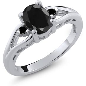 Gemstone Birthstone and Black Diamond 3-Stone Engagement Ring for Women in 925 Sterling Silver | Oval 8X6MM and Round 2MM | Elegant Three-Stone Wedding Anniversary Promise Ring | Sizes 5-9