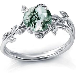 Natural Moss Agate Ring for Women Sterling Silver Round Green Moss Agate Engagement Ring Wedding Promise Ring Jewelry for Women,Ring Size 7.5
