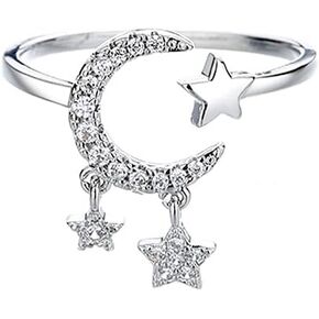 Crescent Moon Star Open Rings for Women Cubic Zirconia Dangle Tassel Adjustable Stacking Statement Knuckle Finger Ring Promise Wedding Promise Fashion Jewelry Daughter