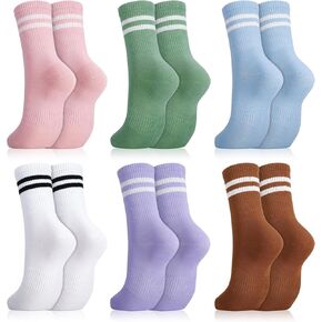 Jspupifip 6 Pairs Womens Striped Crew Socks Retro Athltic Socks Casual Cotton Stretchy Novelty Ankle Socks for Men/Women