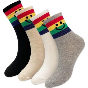 5 Color Stripes Happy Face Fun Design Positive Smile Quarter Socks for Women 4P Set