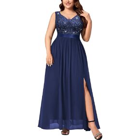 Knitee Women's Plus Size Sequin Lace Deep V-Neck Sleeveless Slit Formal Evening Maxi Dresses
