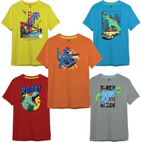 WEATHER CLUB Boys 5-Pack Crew Neck Chest Print Cotton T-Shirt Sports Cars Gaming Dinosaur Chest Print Size 4-18