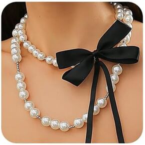 Octwine Boho Round Imitation Black Pearl Layered Choker Necklace Multi Strands Bow Punk Christmas Vintage Shiny Necklace for Women (Black)