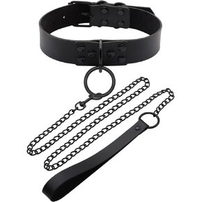 Choker Necklace for Women, Goth Accessories Womens Necklaces, Black Leather Choker Collar with Chain, Charm Necklace Sexy Gothic Clothes, Rave Outfit Halloween Cosplay Costume Jewelry for Women & Men