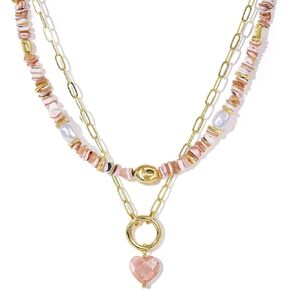 KissYan Beaded Necklaces for Women, 14K Gold Plated Layered Paperclip Choker with Heart Pendant for Summer, Colorful Natural Gemstone Boho Handmade Beach Jewelry Gifts