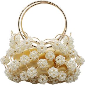 Women Handmade Pearl Evening Handbag Bride Purse Elegant Flower Beaded Clutch Bag for Party Wedding Banquet Prom