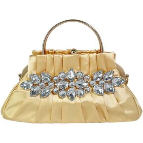 IAMUHI Women Retro Satin Evening Handbag Pleated Rhinestone Clutch Bag Party Wedding Crossbody Shoulder Purse with Chain