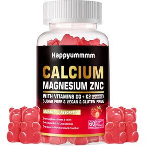 Calcium Magnesium Zinc Gummies with Vitamin D3 & K2 - High Potency Enhanced Absorption -60 Strawberry Gummies Flavored.