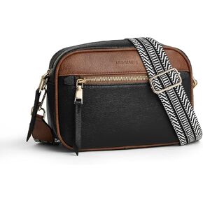 Small Crossbody Bag for Women Triple Pockets Vegan Leather Shoulder Camera Purse with Long Guitar Strap