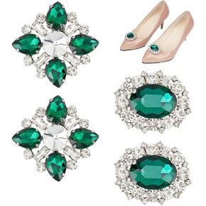 arricraft Shoe Clips, 2 Pairs 2 Styles Rhinestone Crystal, Green Alloy Shoe Buckles Sparkling Decoration for Women Wedding Bride Party, Oval & Rhombus Shape