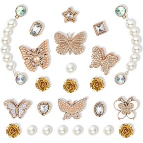 25Pcs Bling Shoe Charms for Women, Sparkling Butterfly Shoe Accessories, Cute Rose Flower Charms, Girly Pearl Shoe Chains Decoration for Party Favor (Gold)