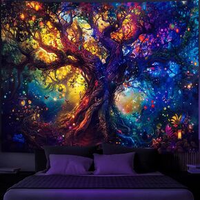 Simpkeely Blacklight Tree of Life Tapestry, Fantasy Forest Fairy Tapestry Nature UV Reactive Colorful Tree Magical Elves Wall Hanging Tapestries for Bedroom - 59" x 80"