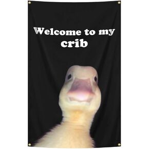 Welcome to My Crib Duck Meme Wall Flag, Black Background 2x3 Feet College Dorm Room Decor Man Cave Frat Wall Tapestry Indoor and Outdoor Party Decoration