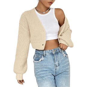 SweatyRocks Women's V Neck Cropped Cardigan Button Up Lantern Long Sleeve Sweater Outwear