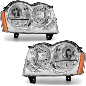 Headlight Compatible with Jeep Grand Cherokee 2005 2006 2007 Chrome Housing Amber Reflector Replacement Pair (Chrome Housing Amber Reflector Clear Lens)