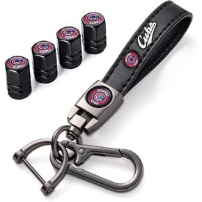 Combo of Cubs Car Tire Valve Caps&Car Key Chain Cars for Cubs Baseball Fans, 4pcs Car Tire Dust Caps& Keychain Accessories