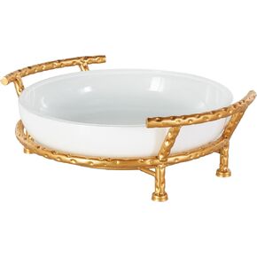 DECO 79 مطبخ زجاجي مقسى وعاء مع حامل معدني ذهبي ، 15 "× 12" × 5 "، أبيض