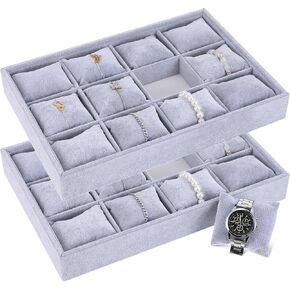 2 Pieces Velvet Watch Tray Jewelry Organizer 12 Grid Stackable Watch Bracelet Bangle Display Holder Adjustable Pillow