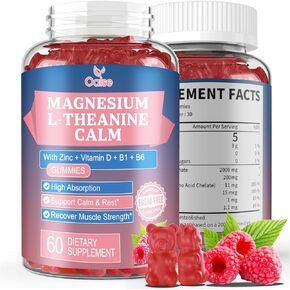 Magnesium Gummies with 2000mg Magnesium, Plus L-Theanine, Zinc, Vitamin D, B1,B6 for Adults and Kids, Stress & Muscle Relief, Sugar Free，Raspberry (60 Counts)