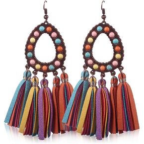 Long Bohemian Fringe Leather Earrrings Handmade Tassel Earrings with Turquoise Vintage Boho Long Dangle Earrings for Women rodeo jewelry