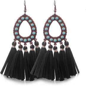 Long Bohemian Fringe Leather Earrrings Handmade Tassel Earrings with Turquoise Vintage Boho Long Dangle Earrings for Women rodeo jewelry in Saudi Arabia