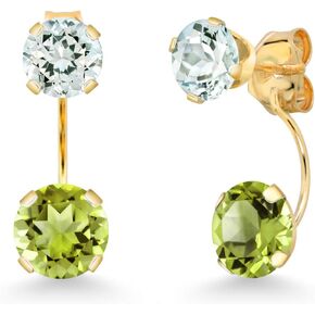 Gem Stone King 14k الذهب الأصفر الذهب الأخضر والسماء الزجاجية الأزرق المزدوج قطرة 2 أقراط من الحجر للنساء (3.00 CTTW ، الأحجار الكريمة الحجر ، جولة 6 مم و 5 ملم)