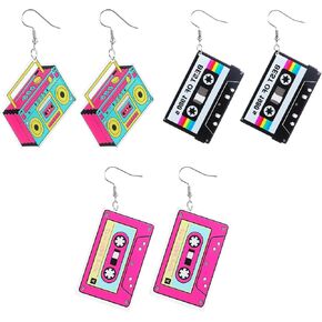 3Pairs Vintage Cassette Tape Earrings 80s 90s Earrings for Women Retro Geometric Drop Dangle for 80's Outfits Cosplay Glow Party Music Party 70s 80s 90s Accessories