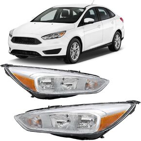 Headlights Assembly Fit For 2015-2018 Ford Focus, Chrome Housing And Amber Reflector Headlamps Left Driver Side and Right Passenger Side,Including Halogen bulbs