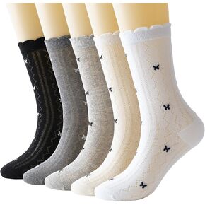 Women's Crew Socks,Thin Slouch Socks,Cute Frilly Top,Casual Fashion Dress Sock,Thin Lettuce Sock for Girls,5 Pack(Size5-9)