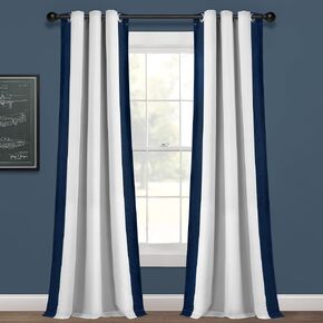 Lush Decor Block Border 100% Lined Grommet Blackout Window Curtain Panel (Single Panel), 84" L x 40" W, White & Navy