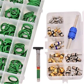 Universal Car A/C Repair Kit | AC Valve Core Set (1) | O-Ring Assortment - 270 Piece Kit (1) Seals - Grommets - O-Rings | for R12 - R134a | Air Conditioning | Tire Tread Gauge (1)