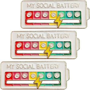 3PCS Social Battery Pins,My Social Battery Pins - Interactive Enamel Mood Brooches with 7 Days Design, for Backpacks, Hats, Bags, Scarves & Clothing Accessories.（Pure white dianchi）