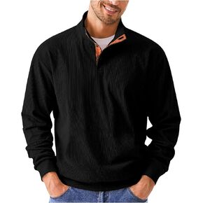 COZYPOIN Men's Corduroy Sweatshirts Casual Stand Collar Button Long Sleeve Henley Pullover Sweater with Elbow Patches