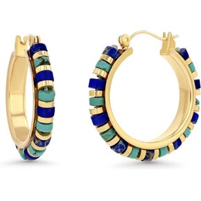 Large Gold Teal Blue Beads Natural Stone Dangling Hoop Huggie Statement Earrings for Women, Colorful Preppy Retro Bold Handmade Exaggerated Bohemian Turquoise Jewelry Gifts, Vintage Unique Cute Baroque Dangly Drop Summer Beach Fashion Nickle Free Gemstone