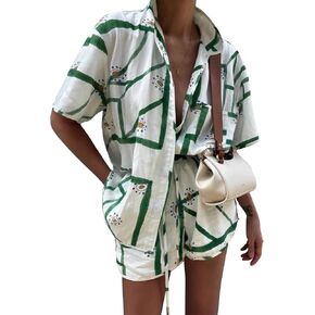 Women's Linen 2 Piece Printed Short Sets Loose Button Up Top Drawstring Shorts Beach Vacation Two Piece Outfits